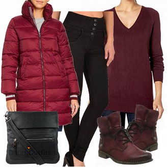 Outfit mit Dunkelrot/Lila/Rot/Bordeaux Klassischer Stiefel/Winter Stiefelette/Leder Stiefelette/Flache Stiefelette/Gefütterte Stiefelette/SchnürStiefelette Rieker "Esprit Mantel"