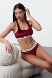 Burgundy Velvet Slogan Elastic Detailed Coated Knitted Underwear Set