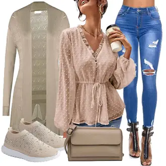 Outfit mit Rosa/Braun/Beige Schluppenbluse/Offene Bluse/Lederjacke/Spitzentunika/Elegante Bluse/Spitzenbluse/Wickelbluse/Kinderspielzeug/Boho-Bluse/Bluse Oberteil Gemijacka "Outfit Für Den Frühling"