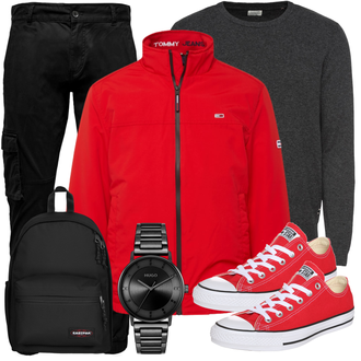 40er Jahre Outfit mit Rot/Dunkelrot Canvas-Sneaker/Sneaker Low/Schmaler Sneaker Converse "Freizeit Outfit"Look: Uni, Coole, Hip Hop, Schön, Rap, Skater, Sportlich, Classic, Casual, Trendige, Unisex, 40er Jahre