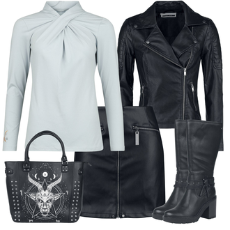 Rock Outfits Punk mit Schwarz/Creme/Rot/Weiß/Grau/Dunkelblau/Dunkelgrau/Blau Schultertasche/Shopper/Schulranzen/Shopper-Tasche/Schultertasche/Tragetasche Jawbreaker "Herbstlicher Look"Look: Punk, Gothic, Rockabilly, Taurus, Vampir, Metal, Steinbock