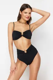 Black Premium Accessorized High Waist Hipster Bikini Bottom