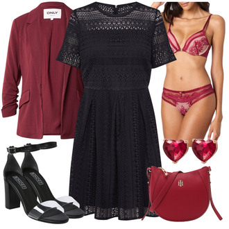 Romantisch Outfit mit Dunkelrot/Rosa BH Slip Set/Bustier/SpitzenBody/Spitzenbustier/Durchsichtiger BH/Triangel-BH HUNKEMÖLLER "Schickes Abend Outfit"Look: 20er Jahre, Babydoll, Egirl, Französische, Romantisch, Sexy, Mit Transparent