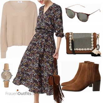 Outfit mit Mischfarben/Lila Kleid mit Gürtel/Lässiges Kleid/Herbstkleid/Geblümte Kleid/Französisches Kleid/Midikleid/Bedrucktes Kleid/Wickelkleid Mavi "Farbliches Frühlings Outfit"