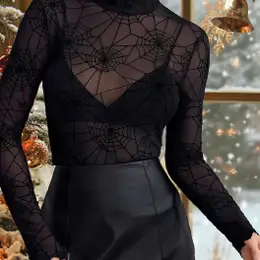 Elegant Slim Fit High Neck Mesh Top (without Bra)