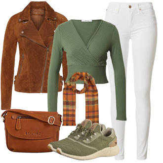 Outfit mit Weiß/Creme/Grau Lederjacke/Jeans mit Schlitz/Push up Jeans/Leder Schuhe/Slim Fit Jeans/High Waist Jeans/Knöchelstiefel/Low Rise Jean Tommy Hilfiger "Stylische Kombination für den Frühling"