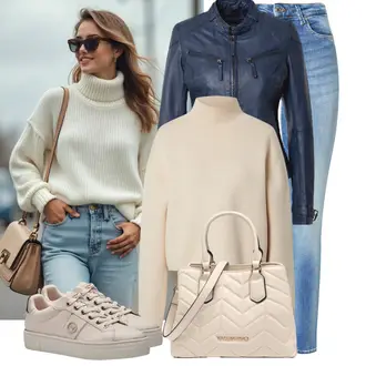 Outfit mit HellBlau/Blau Lederjacke/Ankle Boot/High Waist Jeans/Jeans mit Schlitz/Jeans mit Loch/Push up Jeans/Schlupfjeans/Cuir Chaussures/男士皮夹克/Winterjacke VERO MODA "Outfit für den Frühling"