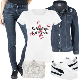 Leichte Outfit mit Blau/Dunkelblau/Hellblau Low Waist Jean/Thermojeans/Ankle Boot/Lederjacke/Tapered-Jeans/Push up Jeans/Damen 7/8-Länge Jeans/Low Rise Jean/Jeans mit Schlitz/Cuir Chaussures/Regular-Fit Jeans/Sportschuhe/Slim Fit Jeans/Schlupfjeans Red by EMP "Schöner Sommer Look"