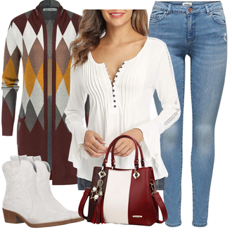 Cowgirl Outfit mit Grau/Beige/Creme/Weiß/Silber Cowboy Stiefel/Western Stiefelette/CowboyStiefel Elara "Herbstlicher Look"Look: Stil, Trendige, Edel, Feine, Cowgirl, Western, Country Styl