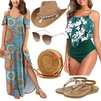 Zweiteilige Hochzeitsgast Outfit mit Dunkelgrün/Grün Genfien "Schickes Sommer Outfit"