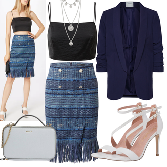 Outfit mit Blau/Grau/Dunkelblau/Hellblau/Lila Short Große Größe/Strick Große/Boucle Rock/Strickrock/Tweed Rock/Winterröcke Karen Millen "Outfit für den Sommer"