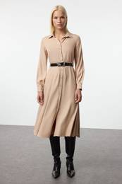 Camel Straight Belted Midi Woven Shirt Dress Woven Dress