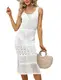 chuangminghangqi Damen Cutout Ärmellos Häkel Freizeitkleid mit Kordelzug Sexy Rundhals Strick-Strandkleid Sommer Weiß Rückenfrei Bikini Cover ups Urlaubskleid Strandkleidung Beachwear Curvy(Weiß,M)