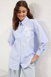 Blue Striped Embroidery Detail Woven Shirt