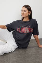 Anthracite 100% Cotton Crew Neck Printed Oversize/Wide Pattern Knitted T-Shirt