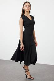 Black Plain Midi Woven Dress