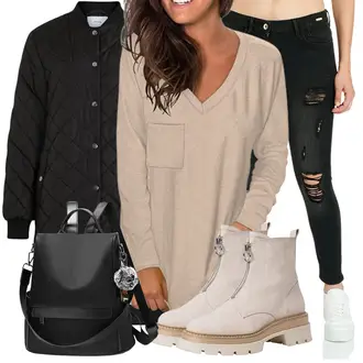 Echtleder Outfit mit Beige/Braun/Rosa/Khaki Stiefel Biker Boot/Leder Stiefelette/Winter Stiefelette/Gefütterte Stiefelette/Chelsea Boot/Flache Stiefelette/SommerStiefelette Tamaris "Winterlicher Look"