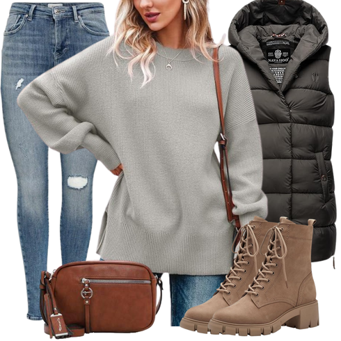 Braun/Grau/Beige SchnürStiefelette/SpringerStiefel Tamaris kombinieren mit Grau/Braun/Beige/Khaki/Hellgrau Oversized Pullover Cicy Bell
