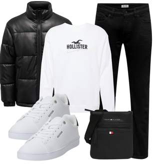 Mit Gürtel Outfit mit Schwarz Damen 7/8-Länge Jeans/Sportschuhe/Jeans mit Schlitz/Low Rise Jean/Regular-Fit Jeans/Lederjacke/Slim Fit Jeans/Straight Leg Jean/Leder Schuhe/Thermojeans Only & Sons "Freizeit Outfit"