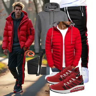Puffer Outfit mit Rot/Dunkelrot Jacke mit Seitlichem Reißverschluss/WinterJacke/HerbstJacke/SteppJacke/KapuzenJacke/Unisex Hoodie/Hoodie/Sport Hoodie/Strick Hoodie/Ausgefallener Hoodie "Freizeit Outfit"