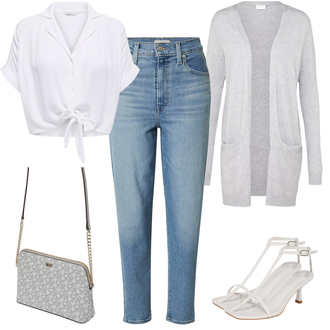 Mit Schleife Outfit mit Grau/Creme/Weiß Bluse und Tunika/Bluse Mit Schleife/Kurzarmbluse/Schluppenbluse/Wickelbluse/Bluse Große Größe/Casual Hemd/Musselin Hemd/Hemdbluse/Kurzarm Hemd Only "Schicker Freizeitlook"
