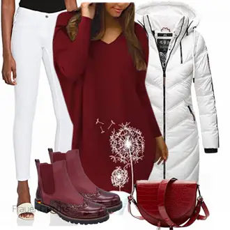 Outfit mit Bordeaux/Dunkelrot Leder Stiefelette/Gummistiefelette/Flache Stiefelette/Lederjacke/Chelsea Boot CucuFashion "Herbst Outfit in warmen Farben"