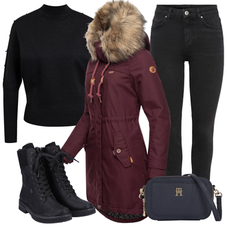 Outfity pro volný čas Vánoce s Tmavě červená/Červená/Vínová/Fialová Dlouhé bundy/Parka Přechodová Bund/Zimní Parka/Zimní Bund Ragwear "Zimní Outfit pro volný čas"Look: Bar, Vánoce, Koncert, Škola, Valentýn