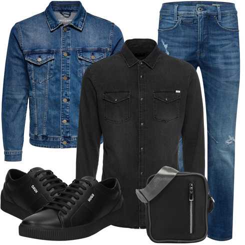 Schwarz/Dunkelgrau Bluse Große Größe/Jeanshemd Jack & Jones kombinieren