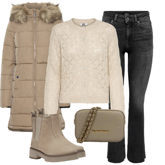 Winter Outfits Casual met bruin/beige/grijs Chelsea Boot/Leren Jas/Klassieke laars/Rubberen Enkellaars Timberland "Outfit voor de winter"Look: Klassiek, Premium, Boheems, Casual, Smart Casual, Chique, Buitenshuis, Trendy, Elegant, Extra groot, Leeuw