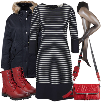 Outfit mit Rot/Dunkelrot Schnürstiefelette/Springerstiefel/Klassischer Stiefel/Biker Boot/Flache Stiefelette/Gefütterte Stiefelette/Lederjacke Dockers by Gerli "Perfekt Für Den Winter"