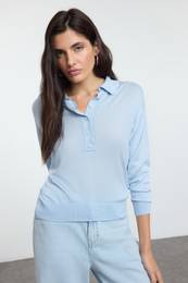 Blue Thin Polo Neck Knitted Sweater