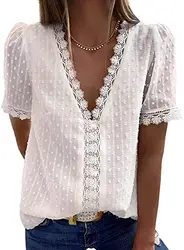Dokotoo Damen Bluse Weiß Boho Spitze T-Shirt Tops Elegant Frühling Sommer V-Ausschnitt Oberteile Tunika Medium
