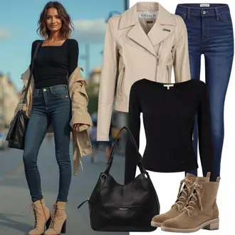 Outfit mit Blau/Dunkelblau Leder Schuhe/Lederjacke/Push up Jeans/Slim Fit Jeans/High Waist Jeans/Thermojeans/Winterjacke/Knöchelstiefel/Schlupfjeans Tommy Hilfiger "Frühling Look"