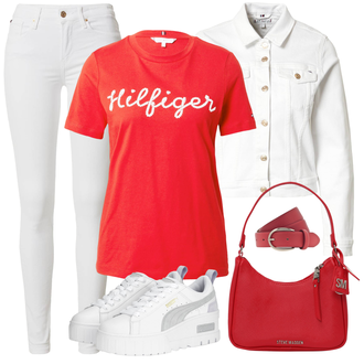 Outfit mit Weiß/Creme/Grau Lederjacke/Jeans mit Schlitz/Push up Jeans/Leder Schuhe/Slim Fit Jeans/High Waist Jeans/Knöchelstiefel/Low Rise Jean Tommy Hilfiger "Frühlings Outfit"