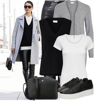 Outfit sa Tamnosiva/Svjetlosiva/Siva Pletivo Veći Broj/Haljina Veći Broj/Kaput/Tunika Vila "Moderni proljetni outfit"