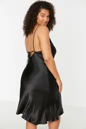 Curve Black Strap Satin Woven Back Detailed Nightshirt