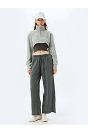 Faded Effect Tied Waist Cotton Wide Leg Sweatpants