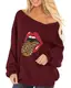 Auxo Damen Langarmshirts Schulterfrei Pullover Jumper Sweatshirt Oversize Oberteile Tops 10-weinrot Medium