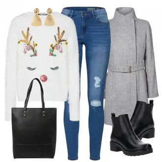 Oversize Kurz Outfit mit Schwarz Chelsea Boot/Lederjacke/Flache Stiefelette/Gummistiefelette About You "Maria"Look: Uni, Schick, Edel, Coole, Oversize, Techno, Unisex, Wetlook