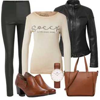 Outfit mit Schwarz Mantel/Bikerjacke/KunstLederjacke/Jacke mit Seitlichem Reißverschluss/Leder Bomberjacke/Lederjacke/Motorradjacke Oakwood "Trendiges Herbst Outfit"