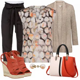 Business Outfits Leger mit Orange/Braun Verspielte Bluse/Außergewöhnliche Bluse/Bluse Oberteil/Crash­bluse/Gemusterte Bluse/Druckbluse/Ärmellose Bluse Unbekannt "Casual Chic Look"Look: Jazz, Uni, Schön, Mom, Safari, Coole, 50er Jahre, Vintage, 70er, Overdressed, Krebs, Nahtlos, 40er Jahre, Leger, 60er, Elegant, 20er Jahre