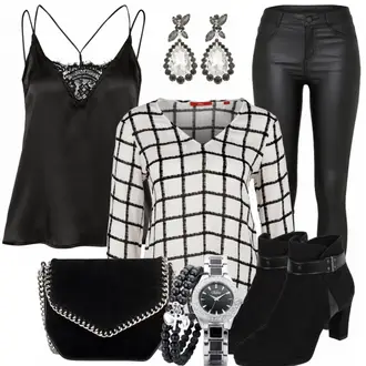 Party Outfits mit Schwarz/Weiß Lederjacke/Lederimitathose/Lederlegging/Leggings Lederoptik/Lederhose/Skinny Hose/Treggings/Biker Jeans/Thermojeans Vila "NIghtout"