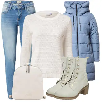 Outfit mit Blau Mantel/Tasche/Kleid/StrickKleid/Schlaghose Khujo "Winterlicher Look"