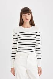 Regular Fit Soft Texture Crew Neck Striped Knit Sweater
