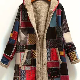 Geo Print Button Front Jacket, Casual Long Sleeve Hooded Jacket With Pockets For Fall & Winter, Women's Clothing