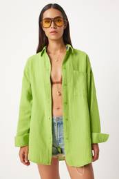 Happiness stanbul Women's Pistachio Green Oversize Basic Muslin Shirt
