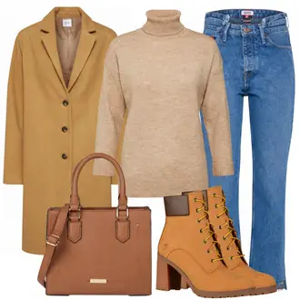 Outfit mit Braun Leder Schlaghose/Stiefel/Leder Bomberjacke/Leder Minirock/Leder Mantel Timberland "Warm"