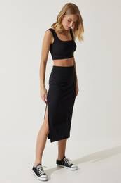 Happiness stanbul Women's Black Strappy Crop Pencil Skirt Knitted Set