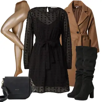 Outfit mit Schwarz Blusenkleid/Kleid mit Gürtel/Nicki Kleid/Mesh Kleid/Langärmliges Kleid/Langärmliges Winterkleid/Tunika Kleid/Polka Dot-Kleid/Herbstkleid About You "Cooles Winter Outfit"