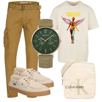 Viertelarm Outfit mit Rosa/Beige/Blau Casual T-Shirt Mister Tee "Praktischer Look"